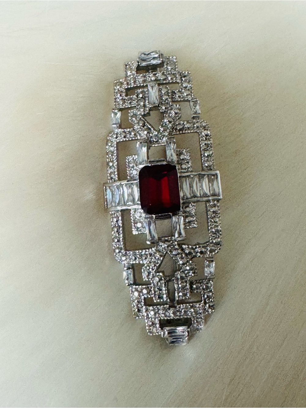 Victorian Style Art Deco Bar Collar Brooch Rhinestones Deep Red Center Stone